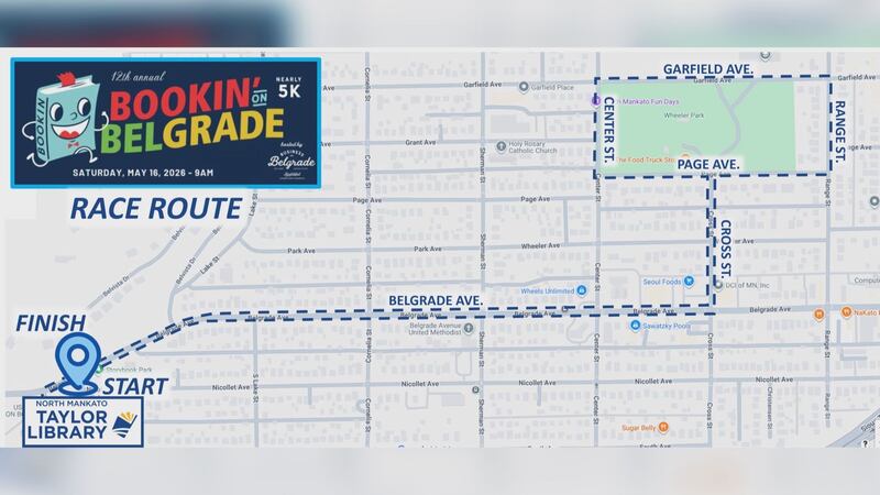The map of the "Bookin on Belgrade" 5K in North Mankato, Minn.