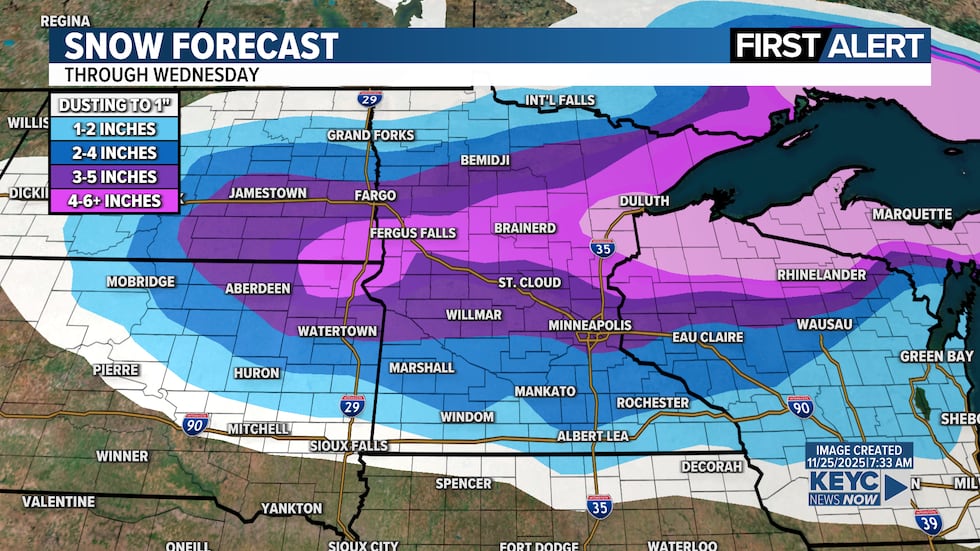 Several inches of snow will fall across the region later today and tonight.