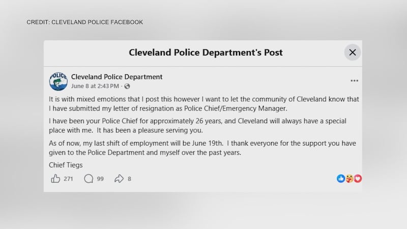Cleveland Police Chief Randall Tiegs announced his resignation Monday after a change in hiring...