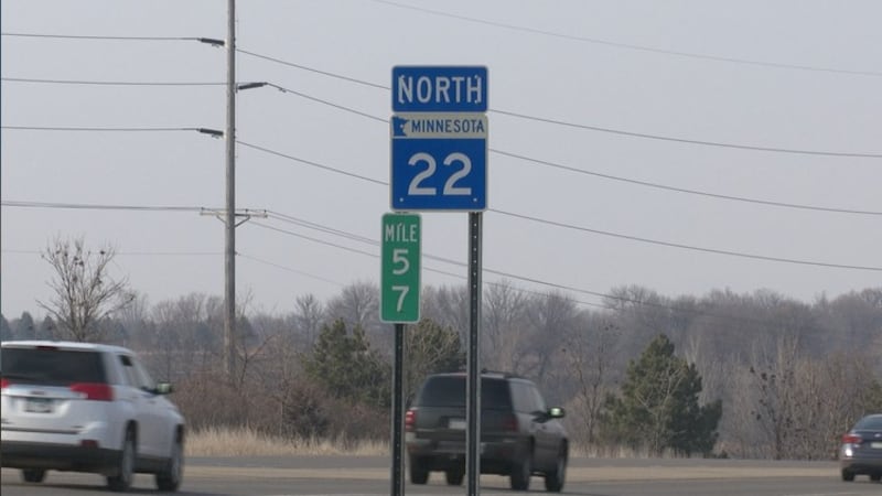 Vehicles are pictured on Minnesota Highway 22 between Mankato and St. Peter, Minn.,