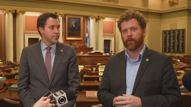 R to L: MN House DFL Floor Leader Jamie Long and Leader Zack Stephenson talk with media...