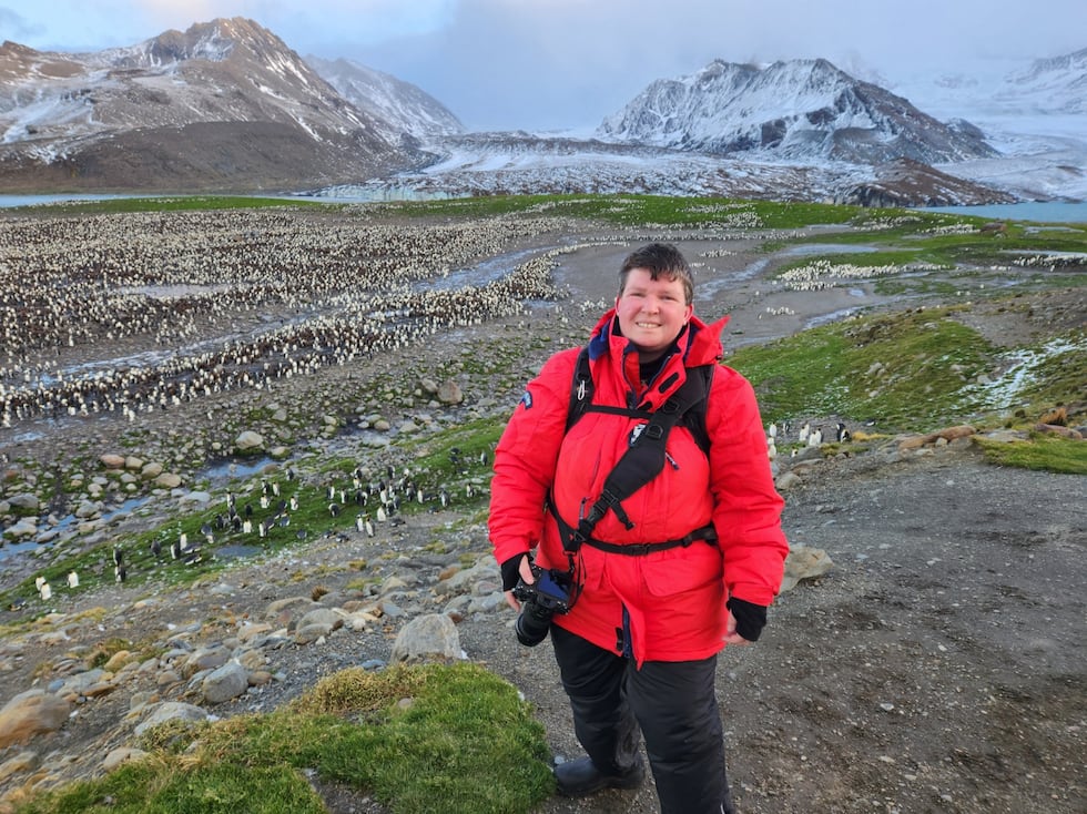 This photo provided by Angela Perryman shows her on South Georgia Island in April 2026.