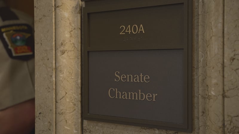 A sign outside the Minnesota Senate Chambers inside the Minnesota State Capitol