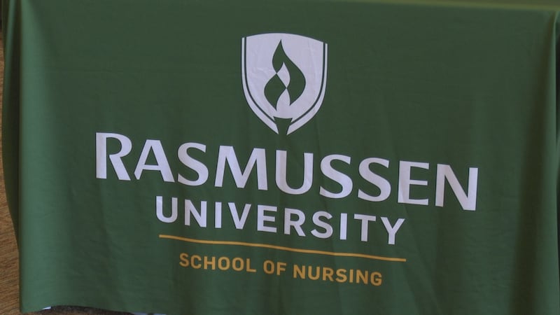 A sign for the Rasmussen University School of Nursing in Mankato, Minn.